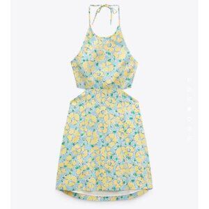 ZARA Floral Halter Cutout Mini Dress XS Blue Yellow Backless Summer